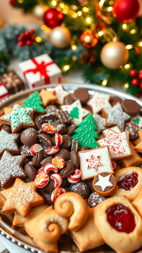 A colorful assortment of Christmas dessert finger foods including gingerbread cookies, chocolate truffles, peppermint bark, and fruit-filled pastries on a festive platter.